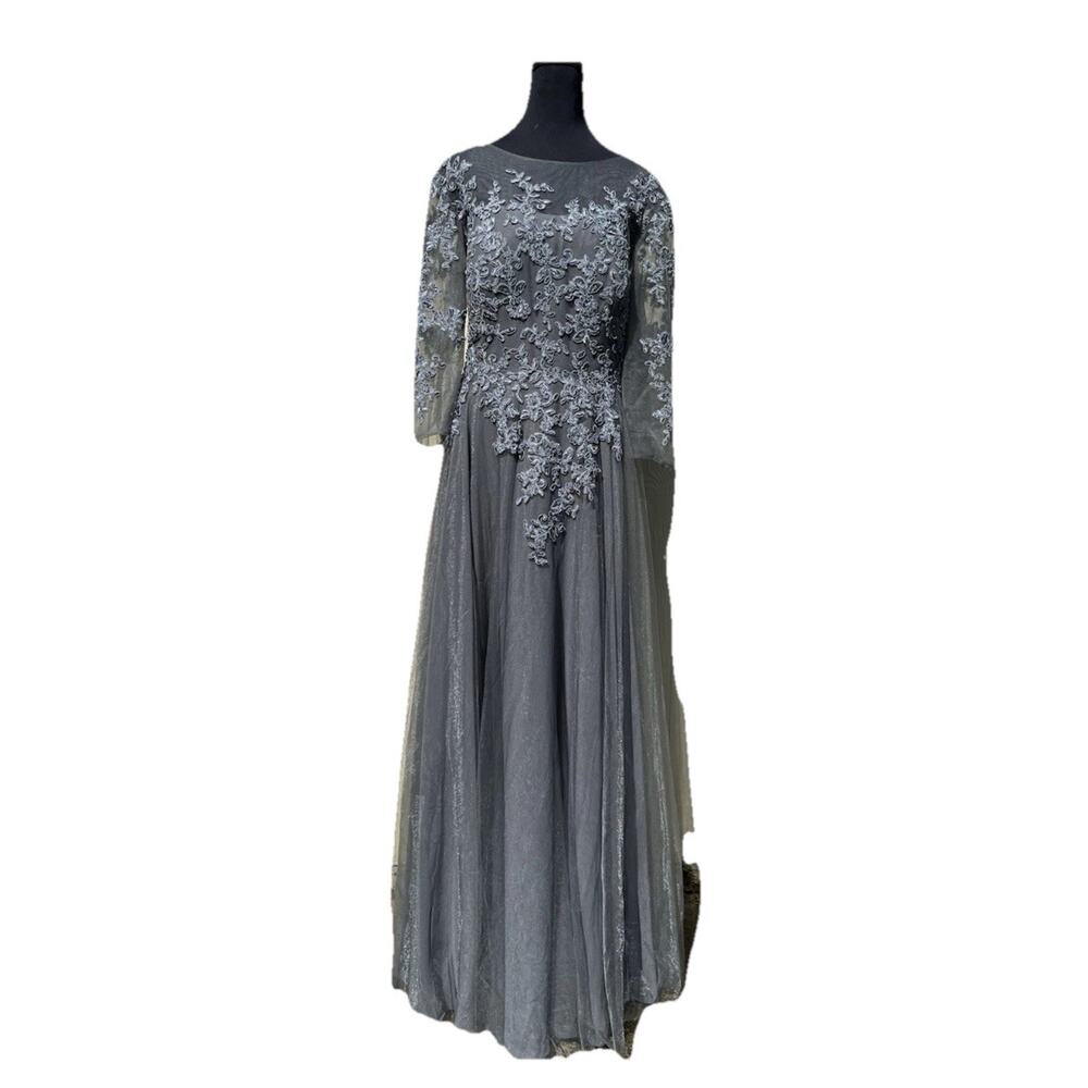 JJ's House Embroidered Illusion Formal Dress Women's 10-12 Mother of Bride Gray